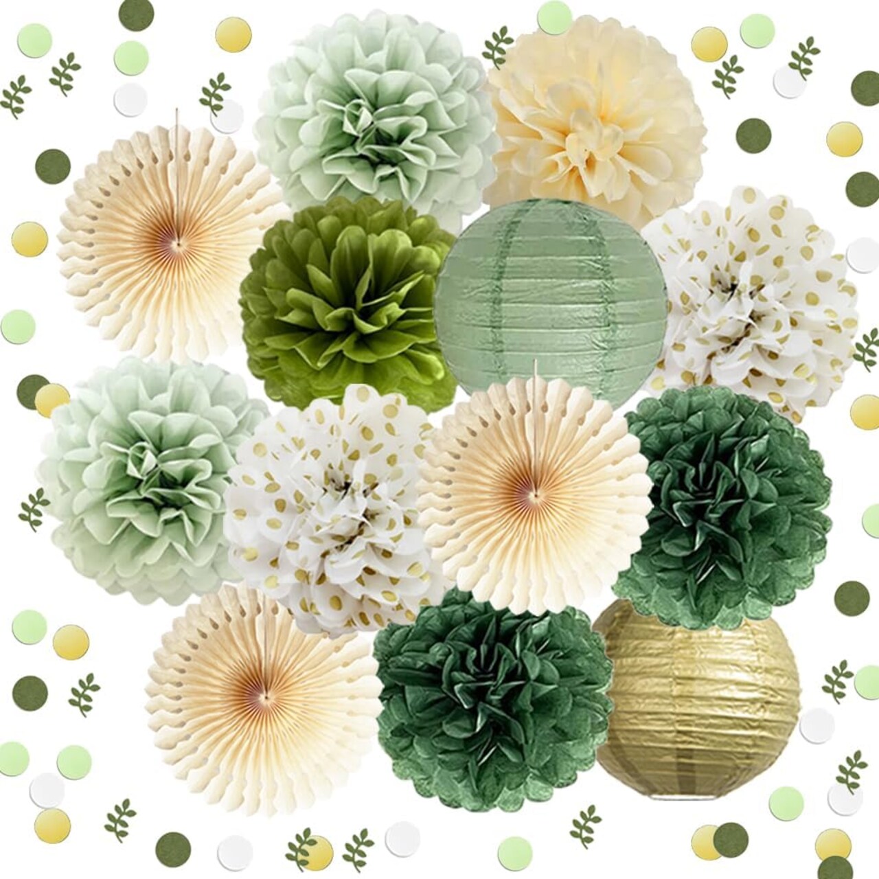Olive Sage Green Paper Pom Poms Paper Decorations(sage green, gold, olive green)